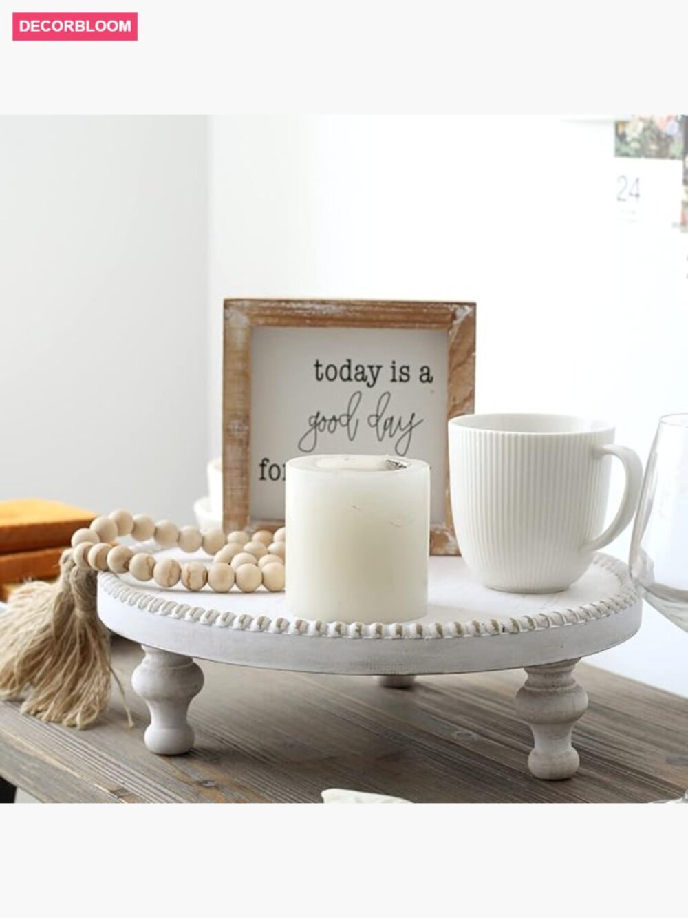 Rustic White Round Wood Tray Riser Pedestal Stand with Beaded Edge 11.8 Inch